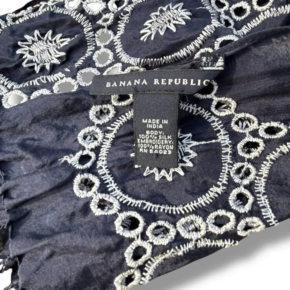 Banana Republic Navy Silk Scarf with Embroidered Design